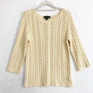 Lauren Ralph Lauren Chunky Cable Knit Boatneck 3/4 Sleeve Cotton Sweater Sz L